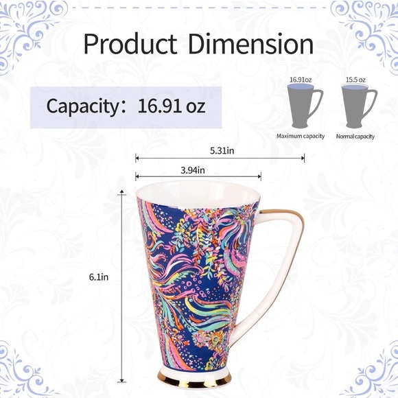 NWT Set of 2 Tall Floral Porcelain Coffee Mugs | 16.9 oz | Gold Base | Gift Box - Picture 3 of 12